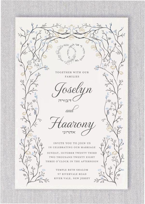 Our opulent Chuppah-inspired Jewish wedding invitation epitomizes sophistication for an upscale affair. Adorned with a border of intertwining leaves in luxurious blue and gold tones, accentuated by a captivating dark smoke pole, it radiates beauty. At its summit, the iconic 'I am my beloved's, and my beloved is mine' (ani ledodi v'dodi li) in Hebrew and English is elegantly depicted as wedding rings. Meanwhile, the names of the bride and groom, meticulously penned in a refined font, further enhance the invitation's unmatched elegance.