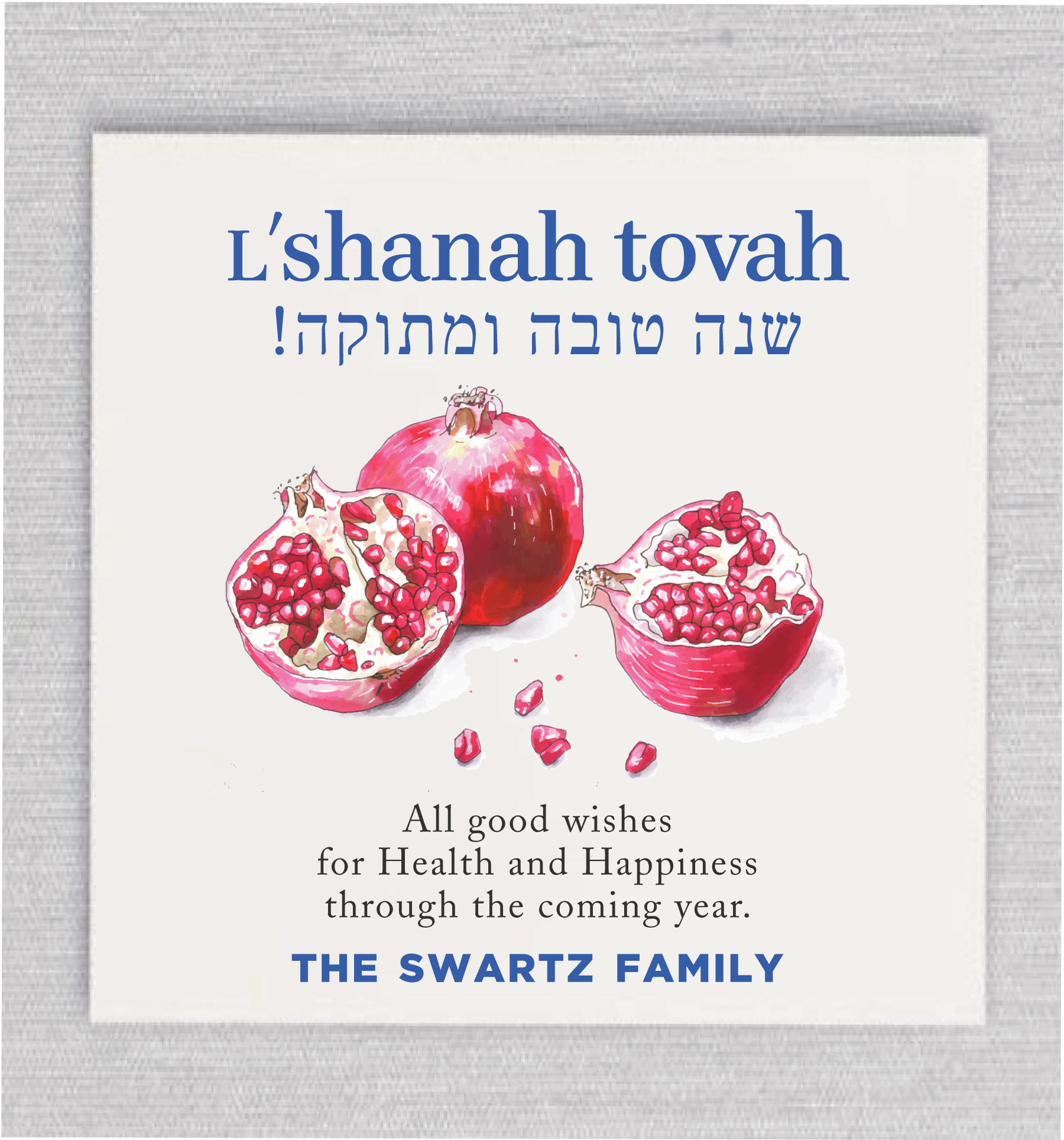 Celebrate the Jewish New Year with our beautifully designed Pomegranate Blessings Rosh Hashanah Card. At the heart of the card is a vibrant red pomegranate illustration — a traditional symbol of abundance and the 613 mitzvot in Jewish law, representing a year filled with meaning and blessings. The heading features a modern, clean typeface in rich blue: “Shanah Tova” in English, paired with the Hebrew greeting “Shana Tova U’Metuka” (שנה טובה ומתוקה), meaning "A Good and Sweet New Year." Personalize your card with a heartfelt message to share with family and friends, making this a thoughtful and meaningful way to wish loved ones a joyful and sweet start to the new year.