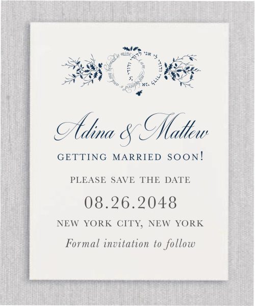 Rings in Harmony - Jewish Wedding Save The Date Card features a gorgeous beautiful quote in Hebrew text read: “ “I am my beloved's, and my beloved is mine". Your names in a unique staggered layout while your remaining details are displayed in a classic sans serif.