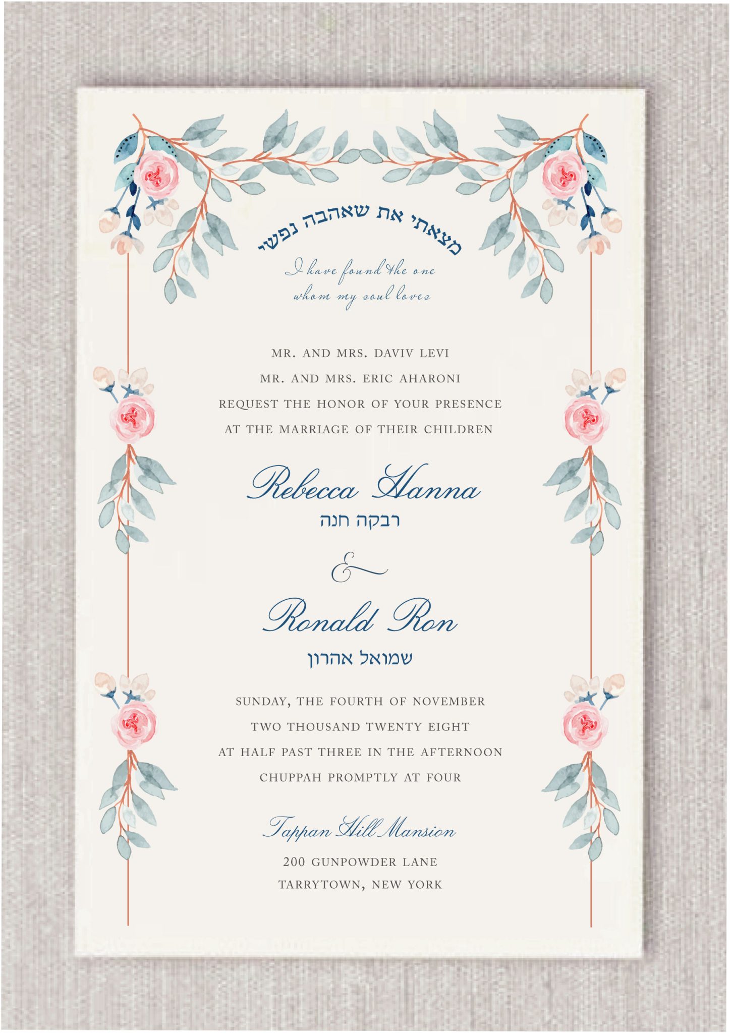 A beautiful, clean, and fresh watercolor garden scene surrounds this stunning Chuppah invitation. Soft peachy-pink roses and bluish watercolor leaves delicately frame the Chuppah, creating a serene and elegant atmosphere. Under the Chuppah, the Hebrew verse 'I found the one my soul loves' is elegantly written in arch-style Hebrew script, with the English translation beneath. The names of the bride and groom are showcased in a fancy, modern, and elegant font, adding a touch of sophistication. For an added final touch, an optional matching navy-lined envelope enhances the invitation, perfectly complementing its refined beauty.