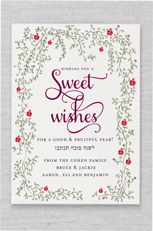 Our Fresh Watercolor Pomegranate Jewish New Year Cards are a steadfast favorite for Jewish New Year and the celebration of Rosh Hashanah. Featuring leaf motifs and fresh pomegranates surrounding these stunning Rosh Hashanah cards, we’ve given them a contemporary touch for the beginning of the Jewish new year. The bold lettering, “Sweet Wishes,” is presented in fancy type alongside "L'Shanah Tovah Tikatevu" in Hebrew.