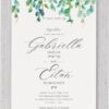 Presenting our Elegant Refined Lovely Chuppah Jewish Wedding Invitation, where the classic greenery and falling leaves symbolize the foliage under the chuppah. The invitation features a blend of fancy script for the names of the bride and groom, and contemporary clear type for the Hebrew names, ensuring that every word is as easy to read as it is to love. At the top of the card, under the leaves, the Hebrew Pasuk is elegantly displayed: 'I am my beloved, and my beloved is mine' – highlighting this beautiful sentiment in Hebrew and emphasizing the most important pieces of information.