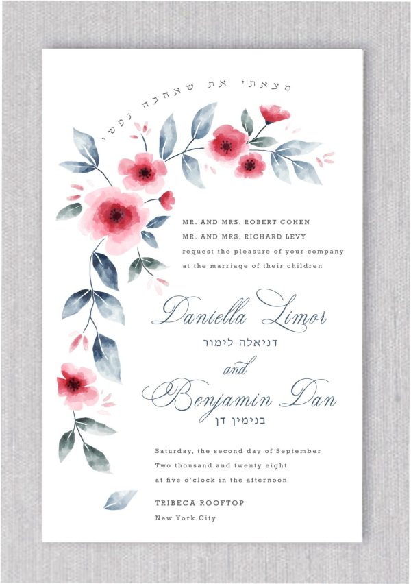 These wedding invitations are truly stunning! They feature an exquisite arrangement of cranberry and red garden roses along with the wedding ring logo and the Hebrew and English text makes these invitations both elegant and unique. that are sure to catch the eye of anyone who receives them. The rich tones of the roses create a beautiful contrast against the white background, and the overall effect is one of gorgeous artistry. These invitations are perfect for a couple who wants to add a touch of luxury to their special day.