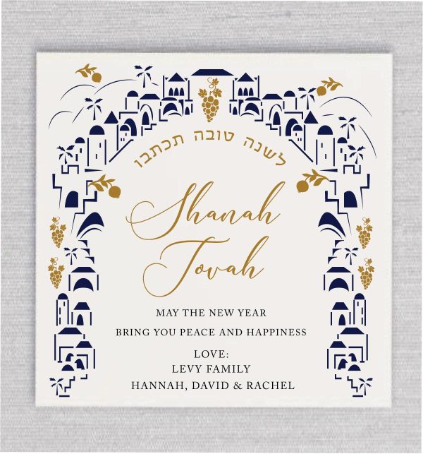 This Overlook Jerusalem Jewish New Year Cards Rosh Hashanah cards are perfect to capture the overlook of Jerusalem with a colorful unique gold and navy and calligraphy heading of L’Shanah Tova in English.