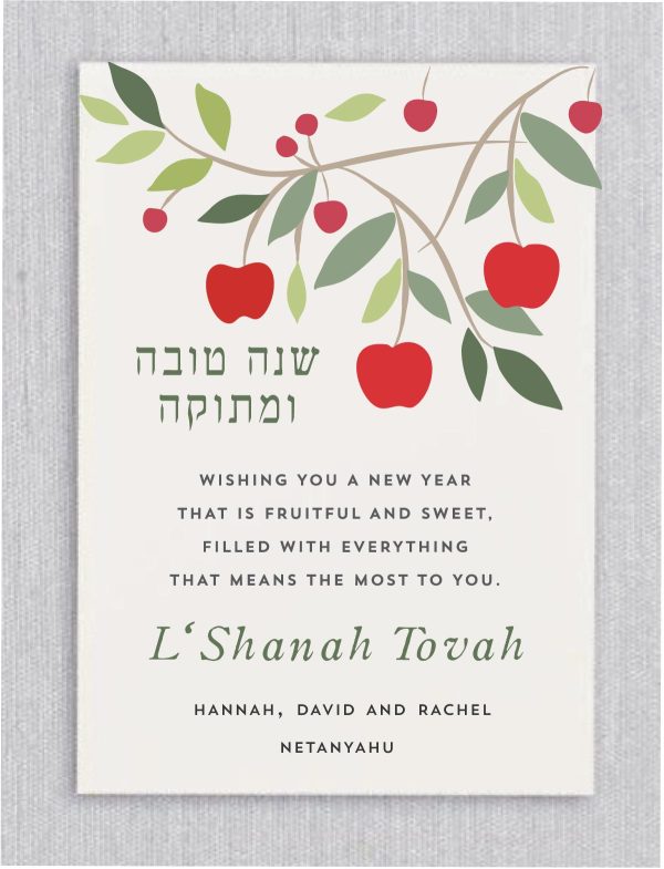 Celebrate the joyous occasion of Rosh Hashanah, the Jewish New Year, with our Apple and Leaves - Rosh Hashanah Cards vibrant and festive Jewish New Year and Rosh Hashanah cards! At the top of the card, you'll find beautifully illustrated apple and pomegranate branches, bursting with color and symbolism. These bright and striking images symbolize blessings, abundance, and the sweetness of the upcoming year. Our cards will capture the spirit of Rosh Hashanah with our eye-catching designs and heartfelt messages.