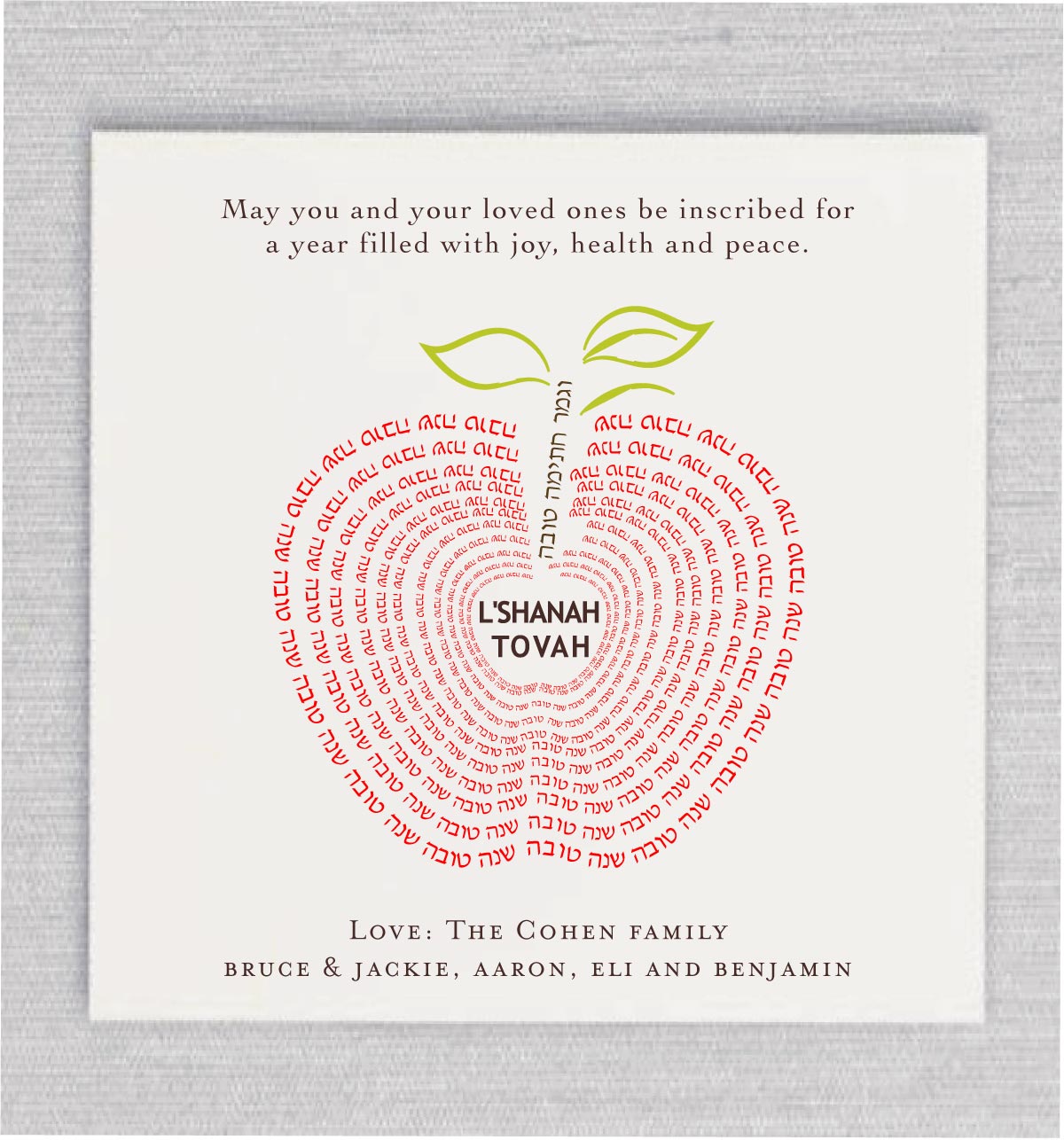 Fruitful in a modern way, this Filled with Rosh Hashanah Wishes – Jewish New Year Card features an abstract apple pattern, highlighting your personal text on the left. Perfect for you to write wishes and send to people you love in this joyous Jewish New Year.