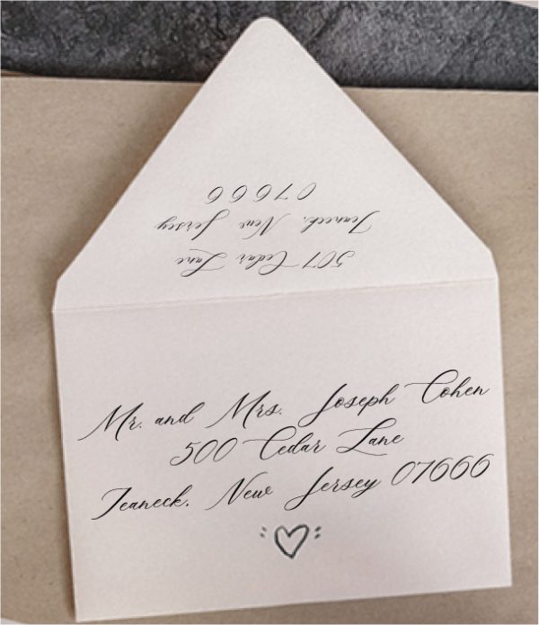 Save time by opting for calligraphy envelope guest addressing with your order, featuring guest addressing tailored to match your unique style. This ensures that upon receiving your invitations, they will be ready for mailing, complete with addresses professionally printed directly onto your envelopes. The font and color will seamlessly match your invitations, creating a cohesive theme, unless you specify changes to the color or fonts. Select your desired quantity, customize your envelope online, and complete your order. Email us your guest addressing list file, and we'll create a layout for your approval. Upon receiving the layout, carefully review it and make any necessary changes or corrections.