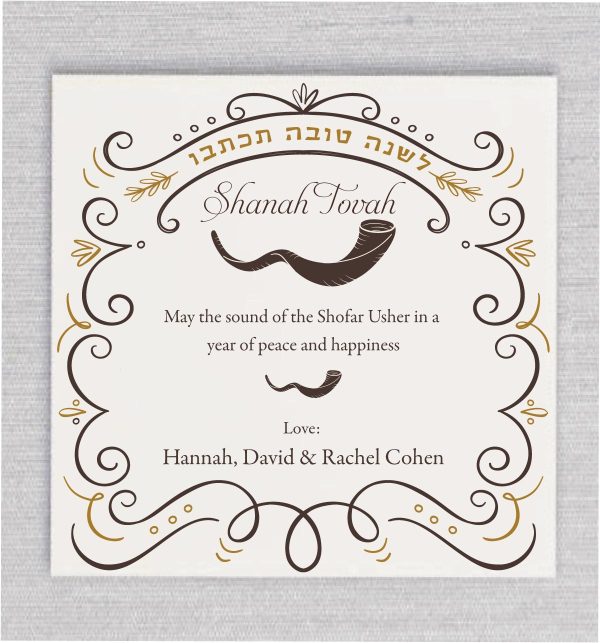 The sound of the Shofar Rosh Hashanah Cards features a beautiful shofar design, which symbolizes the traditional Jewish instrument that is blown during Rosh Hashanah and other important religious ceremonies. The card provides ample space for you to personalize your message and write your wishes for a happy and prosperous Jewish new year for Rosh Hashanah. It’s a perfect way to convey your love and blessings to your family and friends during this festive season.