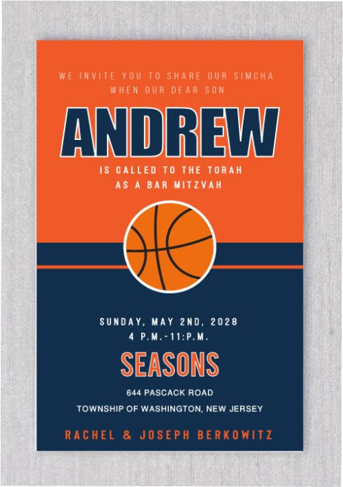A Basketball Game On Bar Mitzvah Invitation design featuring bold shades of blue and orange basketball theme markings the important details of the party.