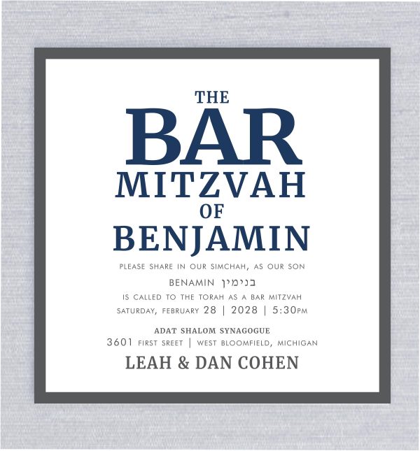 Our Bar Mitzvah Invitations: Bold, Modern, and Tailored for the Celebration. This striking navy and charcoal square design is crafted to reflect the significance of this milestone, with a contemporary edge that perfectly suits the Bar Mitzvah boy. The bold typography and sleek colors emphasize the excitement of the occasion, making it a memorable invitation for family and friends to celebrate this special day."