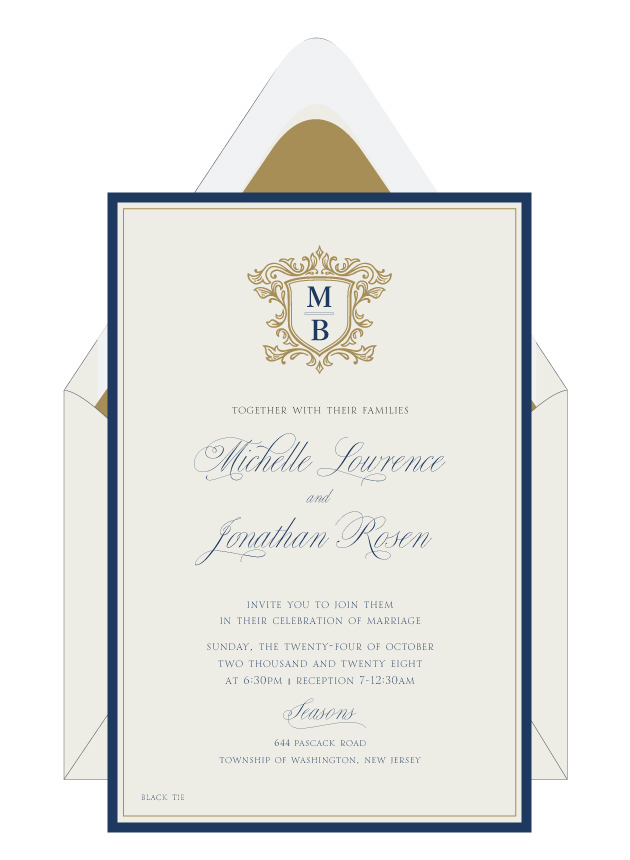 So simple, it's simply perfect. This Elegant Monogram Wedding Invitation features navy and gold border around the couple's wording giving it a stately frame that draws all attention to the couple's names and event details.