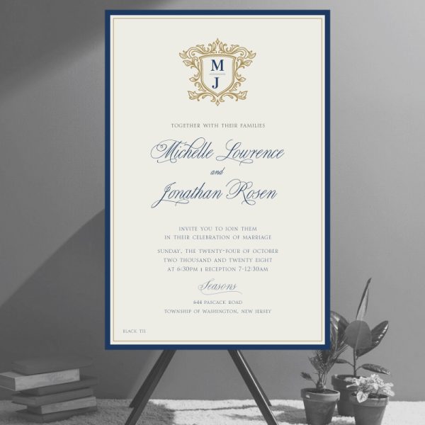 So simple, it's simply perfect. This Elegant Monogram Wedding Invitation features navy and gold border around the couple's wording giving it a stately frame that draws all attention to the couple's names and event details.