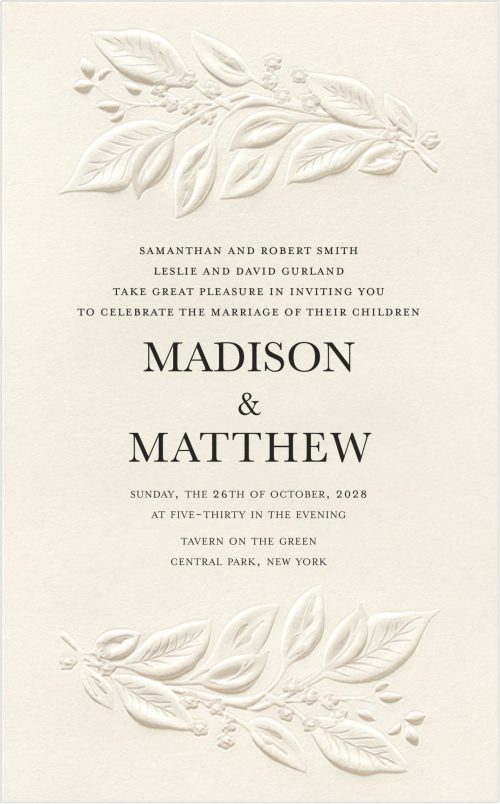 An elegant arrangement of delicate leaves gracefully frames the wording on this stunning botanical garden wedding invitation, featuring a beautifully embossed leaf design at both the top and bottom of the card. The invitation details are centered, featuring modern typography that adds a touch of sophistication and elegance.