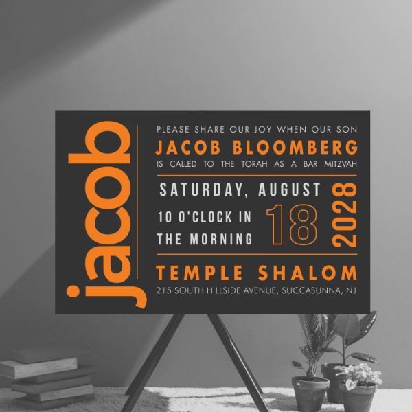 Vibrant and colorful charcoal and orange this stunning Bar Mitzvah invitation while the important details of the party are front and center.