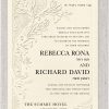 Blind embossing forms both the delicate floral lace pattern and the elegant frame that give this timeless Jewish wedding invitation its distinctive charm. The wedding details are printed in raised ink (thermography), adding a rich tactile dimension. One color of raised printing is included; a second color can be added for an additional cost. At the top, the Hebrew phrase Ani L’dodi V’dodi Li graces the design, while the names of the bride and groom—along with their Hebrew names—stand out in a clean, modern typeface.