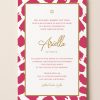 A rectangular Bat Mitzvah invitation featuring a bold hot pink abstract brushstroke border and a double gold frame. The white center contains formal text with a gold Star of David at the top, the name Ariella in elegant gold script, and matching Hebrew typography.