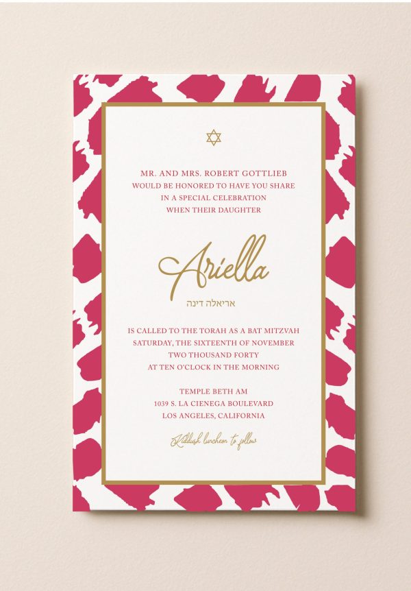 A rectangular Bat Mitzvah invitation featuring a bold hot pink abstract brushstroke border and a double gold frame. The white center contains formal text with a gold Star of David at the top, the name Ariella in elegant gold script, and matching Hebrew typography.