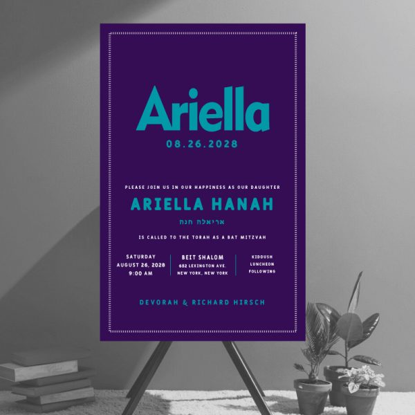 This Bold Mitzvah - Bat Mitzvah Invitation features a bold and modern type, especially for the Bat Mitzvah girl. Matching lined envelopes, rsvp cards and thank you notes are also available.