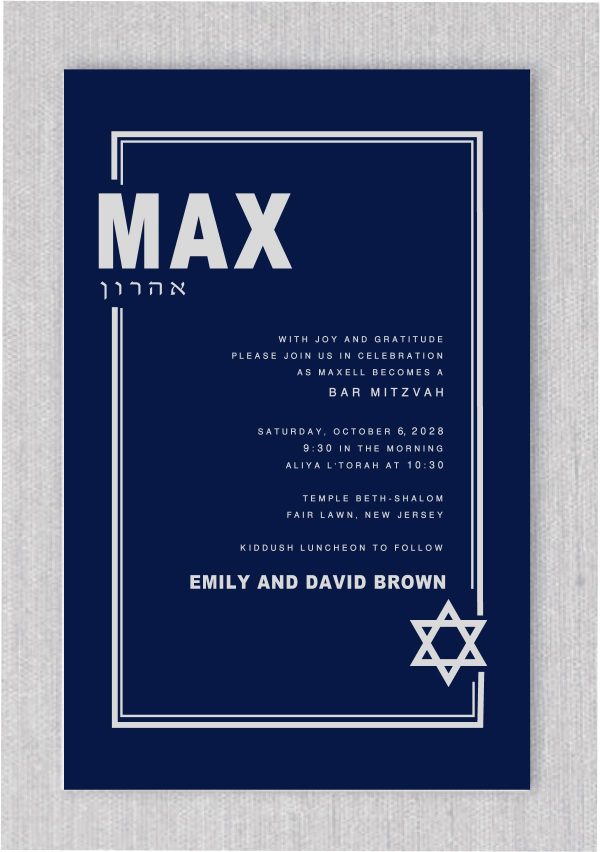 "Bar Mitzvah Invitations - Elegant Star of David: This invitation showcases a contemporary and stylish Star of David that elegantly frames your Mitzvah details. Your names are tastefully presented in a modern and sophisticated font, reflecting your refined style. Measuring 5.5 x 8.5 inches, this invitation makes a bold statement. Crafted from premium 130lb. card stock and paired with Euro flap envelopes, it exudes quality and elegance, setting the perfect tone for your celebration."