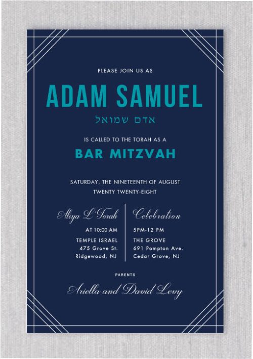 This Geo Modern Border Bar Mitzvah Invitation navy invitation and geometric lines as a border and modern type. Matching lined envelopes, rsvp cards, and thank you notes are also available.