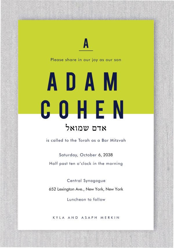 The Simple Block Bar Mitzvah invitation is a stunning and one-of-a-kind invitation featuring a vibrant green neon block that adds a pop of color and style. The name is prominently displayed in large, bold lettering, making a bold statement and emphasizing the special occasion. And the best part? You can coordinate your entire celebration details with matching RSVP cards, and thank you notes, ensuring a cohesive and polished look.