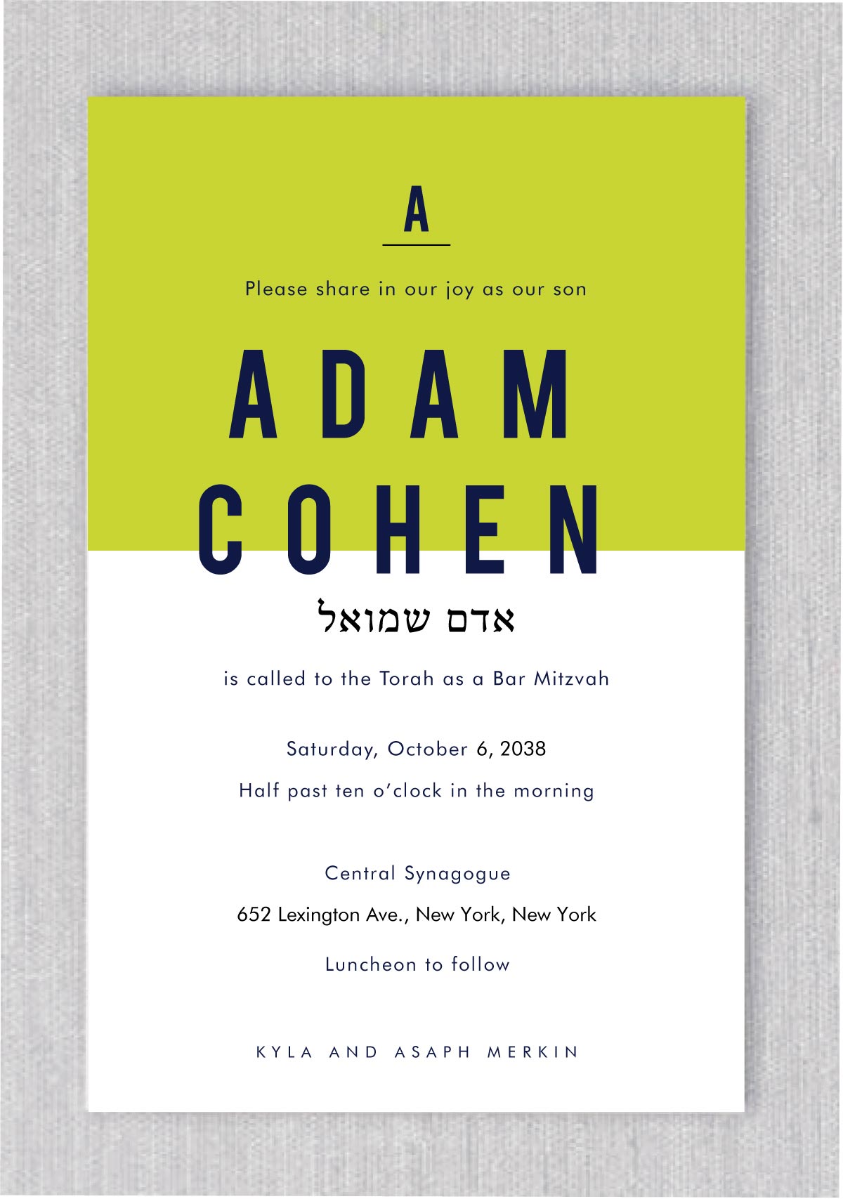 The Simple Block Bar Mitzvah invitation is a stunning and one-of-a-kind invitation featuring a vibrant green neon block that adds a pop of color and style. The name is prominently displayed in large, bold lettering, making a bold statement and emphasizing the special occasion. And the best part? You can coordinate your entire celebration details with matching RSVP cards, and thank you notes, ensuring a cohesive and polished look.