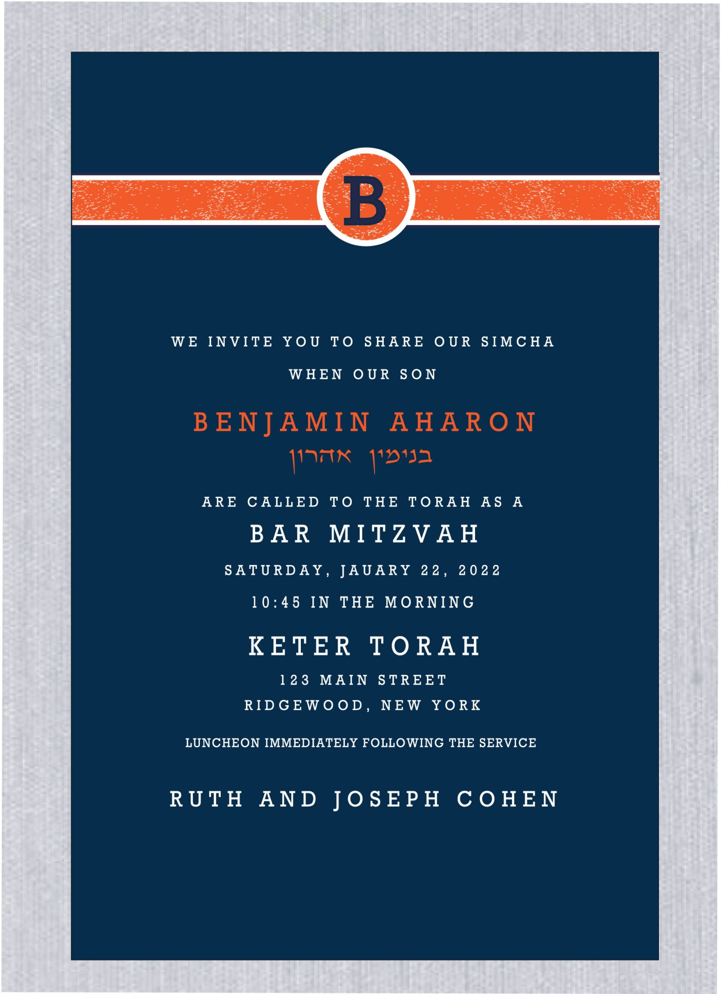 Introducing our Simple Monogram Bar Mitzvah Invitation in a striking navy and orange palette – a truly unique and elegant choice for your Bar Mitzvah celebration. The bar mitzvah boy's name takes center stage with bold lettering that makes a powerful statement. These vibrant colors are perfect for a sports-themed celebration, be it basketball or Mets. With a generous 5.5 x 8.5-inch size, printed on luxurious 130lb. card stock and accompanied by Euro flap envelopes, this invitation exudes both style and sophistication, ensuring your event stands out.