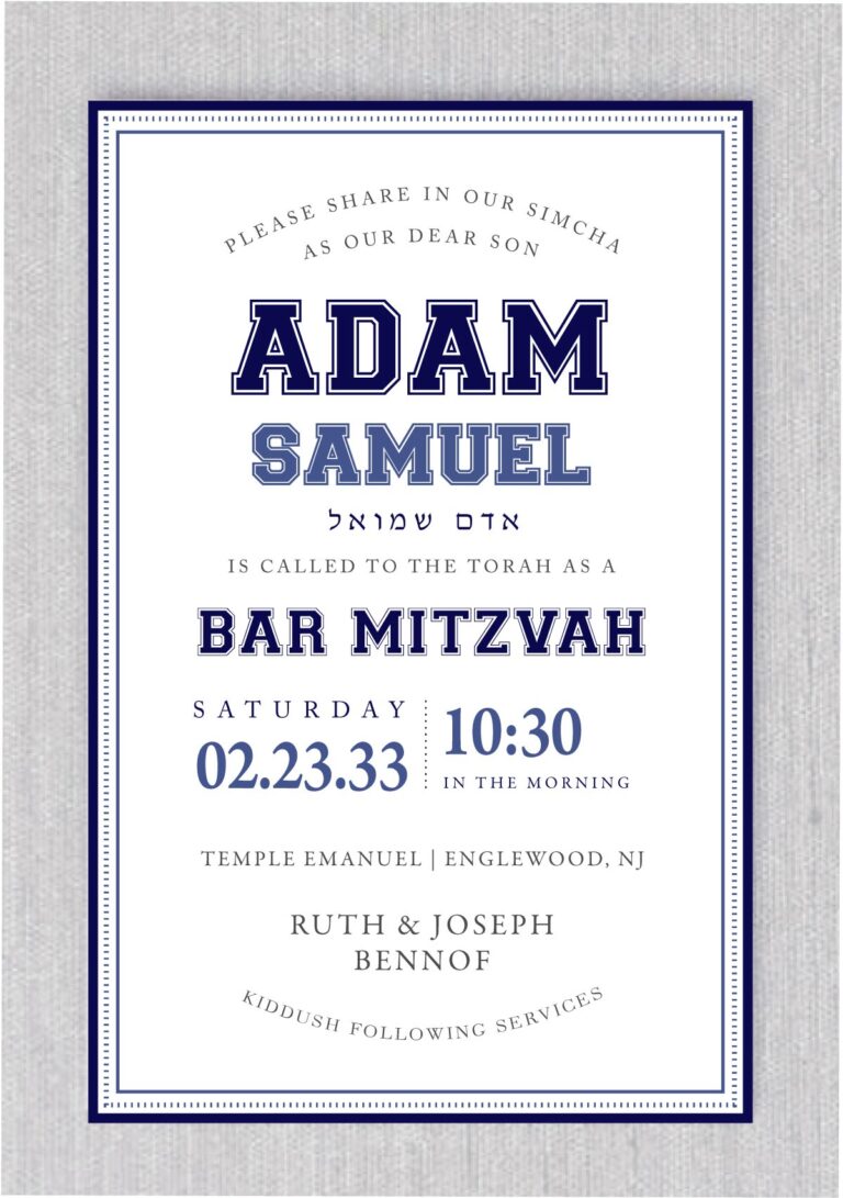 "Navy and Charcoal Triple Border – Bar Mitzvah Invitation: Our invitation showcases a sleek triple border design in navy and charcoal, creating a simple yet sophisticated frame for your Bar Mitzvah celebration details. Your name takes the spotlight, presented in an exquisite and stylish font that reflects your elegant taste. The bar mitzvah boy's name is prominently featured in bold lettering, making a striking statement. Measuring an impressive 5.5 x 8.5 inches, printed on luxurious 130lb. card stock, and accompanied by Euro flap envelopes, this invitation is meticulously designed to leave a lasting impression with its blend of elegance and size."