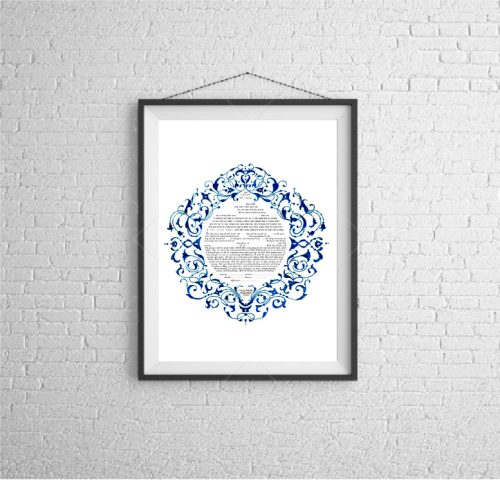 A decorative ketubah, based on arabesque designs from my encaustic paintings, it includes the Hebrew and English quotation “I am my beloved’s and my beloved is mine. Archival giclée print on Arches Aquarelle 100% cotton paper.