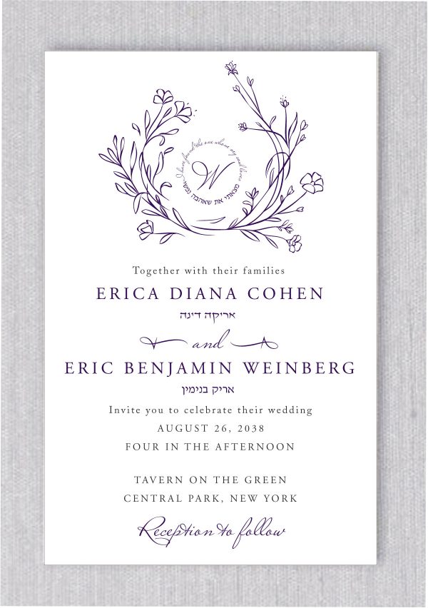 Flora Monogram Jewish Wedding Invitation that feature elegant floral touch surrounding your wedding details and monogram. Display your names in a fancy elegant type Guests will admire your elegant style.