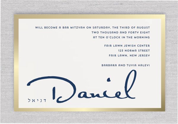 A gold foil border wraps around the edges of the invitation, creating a striking contrast against a deep navy blue background. This elegant foil detail gleams and provides a touch of luxury, setting the tone for a sophisticated celebration. The gold border’s shine stands out against the dark navy, creating a visual balance of modernity and class.