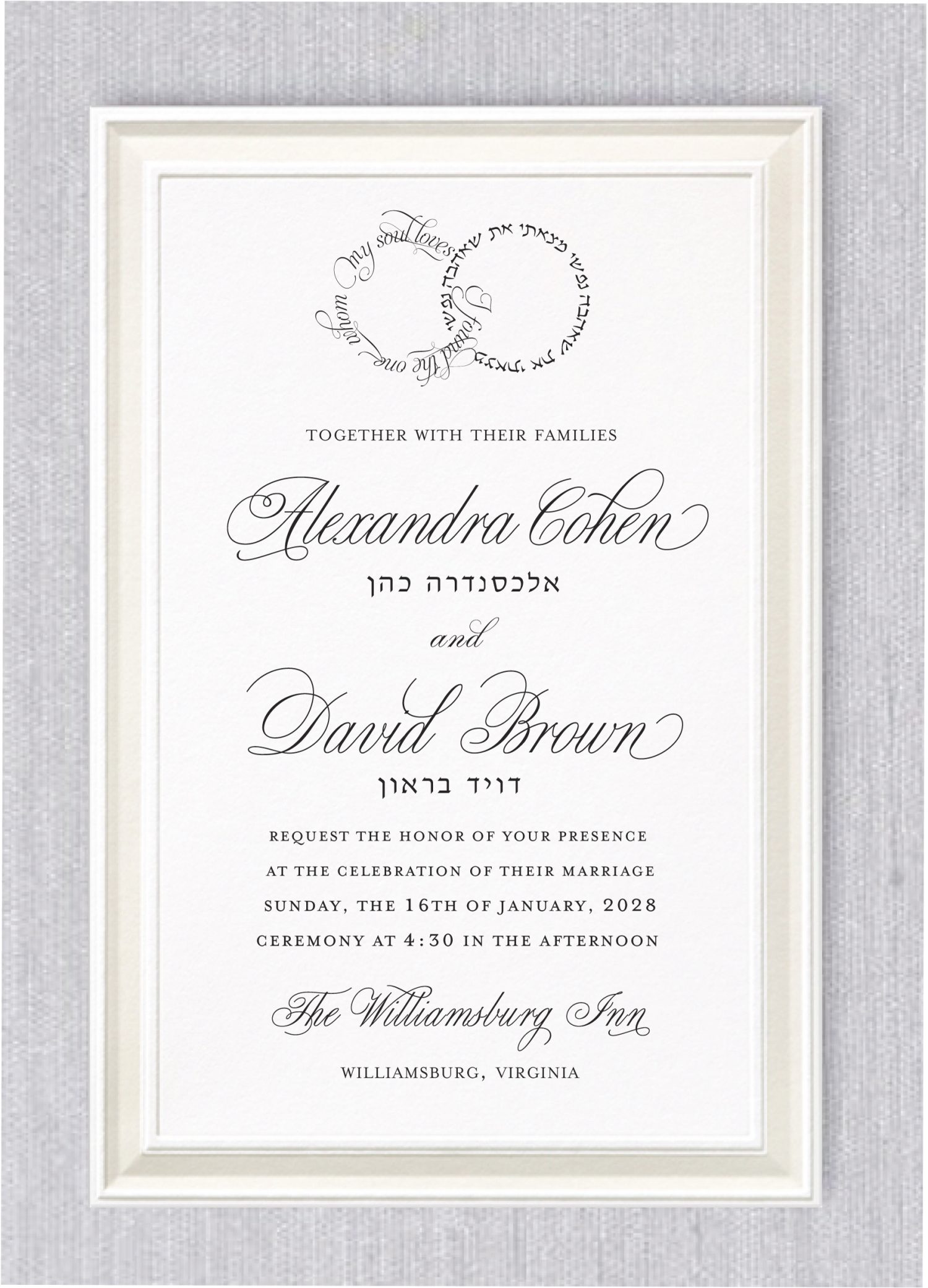 This invitation radiates timeless elegance! The Simply to Impress Foil Border Jewish Wedding Invitation is adorned with a stunning pearl foil border that elegantly frames the design. At the top, the phrase "I have found the one whom my soul loves" appears in both Hebrew and English, delicately shaped like a wedding ring, adding a deeply meaningful touch. The bride and groom’s names are prominently highlighted in a sophisticated, ornate font, with their Hebrew names gracefully placed beneath. A flawless blend of tradition and refined sophistication.