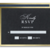 Your initials appear at the top of a wedding invitation as romantic as a formal wedding; its foil border gleams against a dark background set off by wedding details printed in white ink.