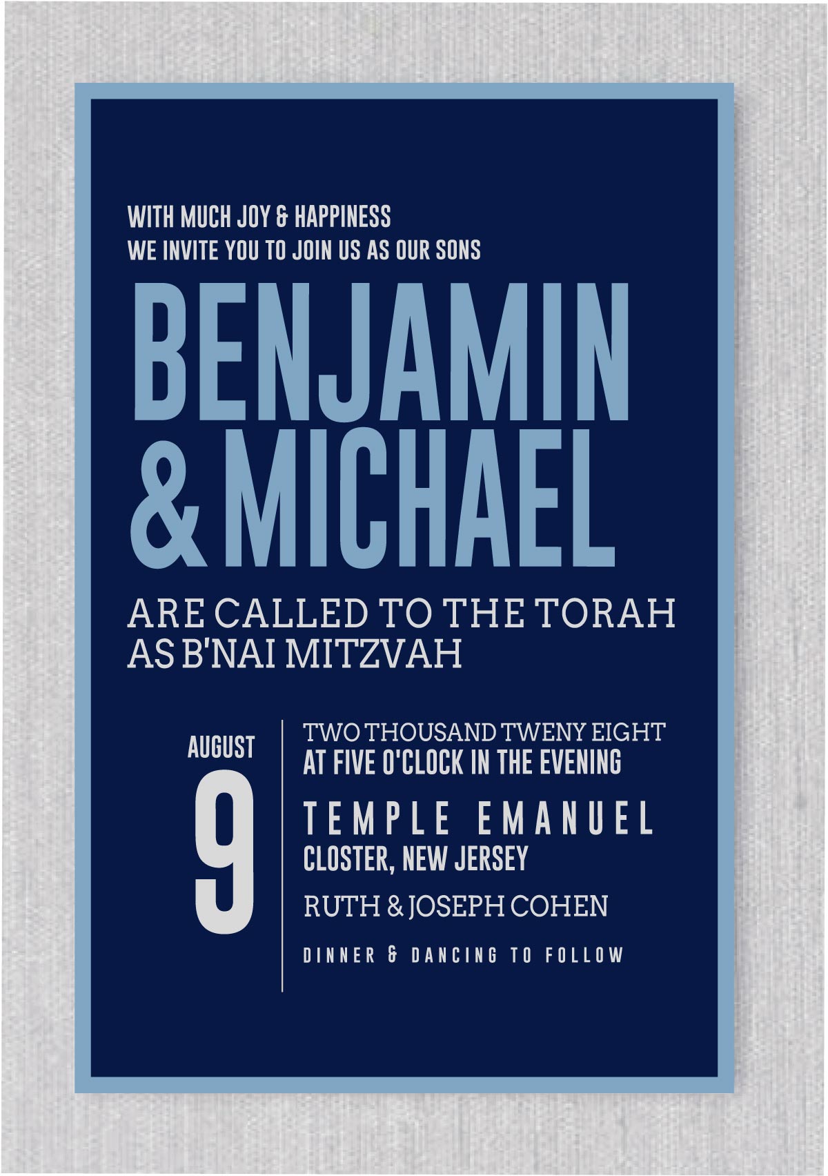 This B’nai Mitzvah modern Blue Bar Mitzvah Invitations is modern, unique and elegant. Matching lined envelopes, rsvp cards, and thank you notes are also available.