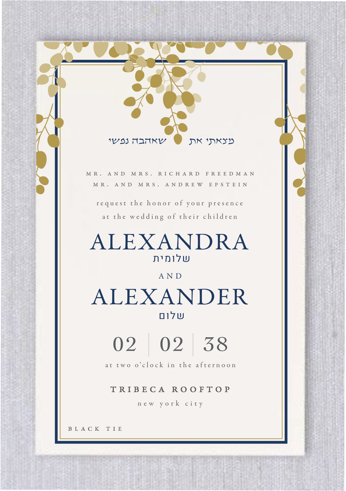 Floating Golden leaf Jewish Wedding Invitations that feature simple but elegant floating gold leaves surrounding your wedding details. Display your names in a fancy elegant type Guests will admire your elegant style.