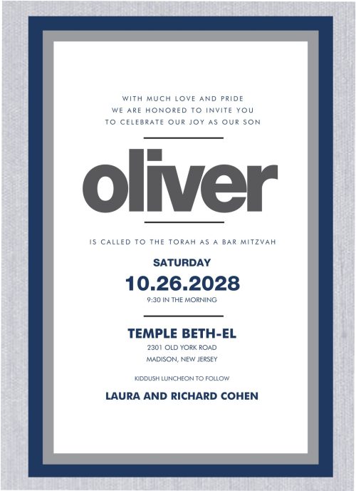 Make a statement with this Modern Blue and Silver Bar Mitzvah Invitation, featuring a bold navy and silver frame that adds a touch of sophistication. The striking border highlights the sleek design, which elegantly displays your names in a bold, contemporary typeface, positioned beneath the Hebrew name. This thoughtful layout creates a lasting impression on your guests, showcasing your impeccable style and attention to detail.