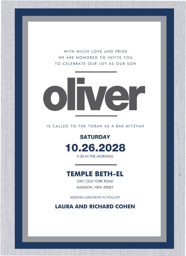 Make a statement with this Modern Blue and Silver Bar Mitzvah Invitation, featuring a bold navy and silver frame that adds a touch of sophistication. The striking border highlights the sleek design, which elegantly displays your names in a bold, contemporary typeface, positioned beneath the Hebrew name. This thoughtful layout creates a lasting impression on your guests, showcasing your impeccable style and attention to detail.