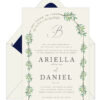 Modern Greenery Chuppah Jewish Wedding Invitations that feature modern and simple leaves branches surrounding your wedding details. Display your names in a fancy elegant type Guests will admire your elegant style.
