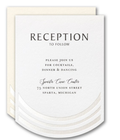 A triple border, embossed in pearlized foil, forms an arch over your wedding details on this minimalist wedding invitation. The curved shape of this invitation arches over your wedding details like a rainbow.