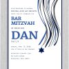 This modern Bar Mitzvah invitation blends traditional symbols with a fresh, contemporary design. The Tzitzit are artistically depicted along the sides of the card, rendered in various shades of blue, creating a dynamic and modern look. Beneath this, a sleek, stylized Star of David adds a meaningful yet stylish touch. The name of the Bar Mitzvah and the event details are displayed in bold, elegant typography, ensuring both clarity and impact. This combination of timeless elements with modern design makes for a striking and memorable invitation.