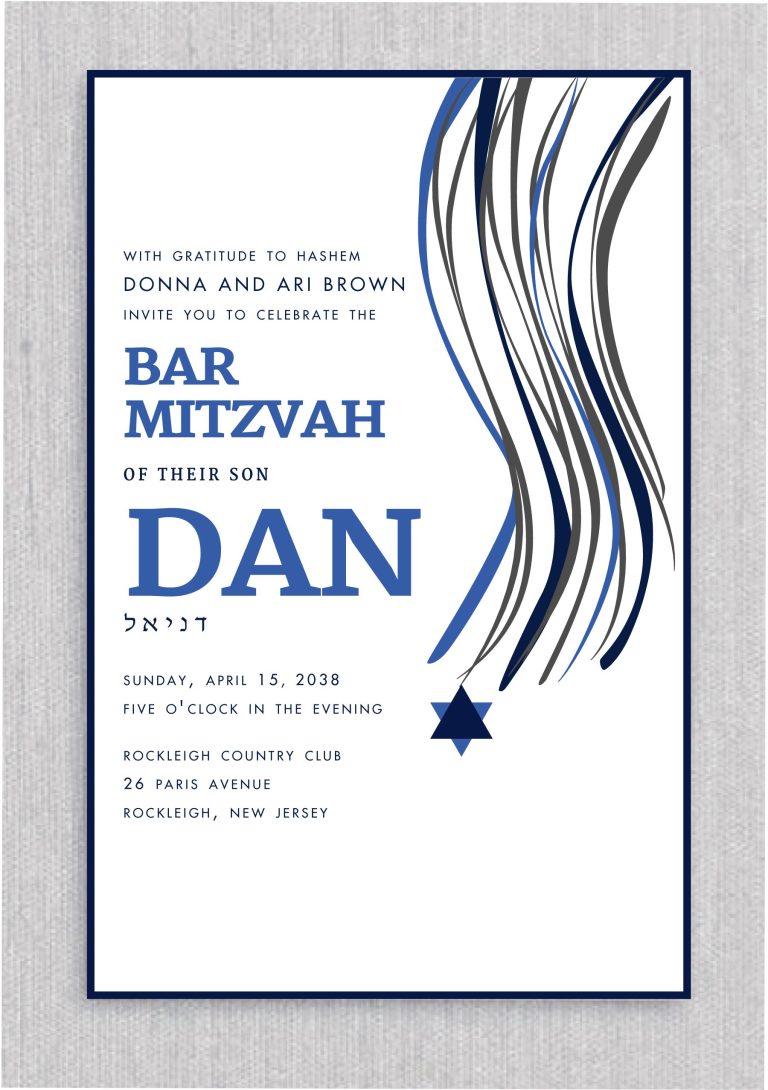 This modern Bar Mitzvah invitation blends traditional symbols with a fresh, contemporary design. The Tzitzit are artistically depicted along the sides of the card, rendered in various shades of blue, creating a dynamic and modern look. Beneath this, a sleek, stylized Star of David adds a meaningful yet stylish touch. The name of the Bar Mitzvah and the event details are displayed in bold, elegant typography, ensuring both clarity and impact. This combination of timeless elements with modern design makes for a striking and memorable invitation.