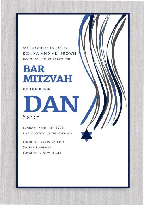 This modern Bar Mitzvah invitation blends traditional symbols with a fresh, contemporary design. The Tzitzit are artistically depicted along the sides of the card, rendered in various shades of blue, creating a dynamic and modern look. Beneath this, a sleek, stylized Star of David adds a meaningful yet stylish touch. The name of the Bar Mitzvah and the event details are displayed in bold, elegant typography, ensuring both clarity and impact. This combination of timeless elements with modern design makes for a striking and memorable invitation.