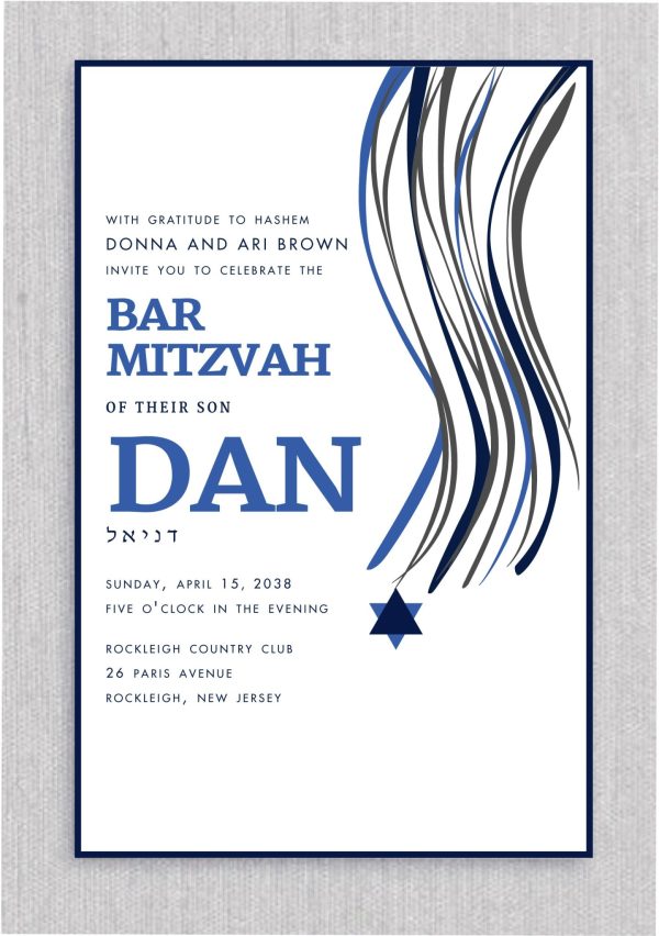 This modern Bar Mitzvah invitation blends traditional symbols with a fresh, contemporary design. The Tzitzit are artistically depicted along the sides of the card, rendered in various shades of blue, creating a dynamic and modern look. Beneath this, a sleek, stylized Star of David adds a meaningful yet stylish touch. The name of the Bar Mitzvah and the event details are displayed in bold, elegant typography, ensuring both clarity and impact. This combination of timeless elements with modern design makes for a striking and memorable invitation.