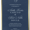 Your initials appear at the top of a wedding invitation as romantic as a formal wedding; its foil border gleams against a dark background set off by wedding details printed in white ink.