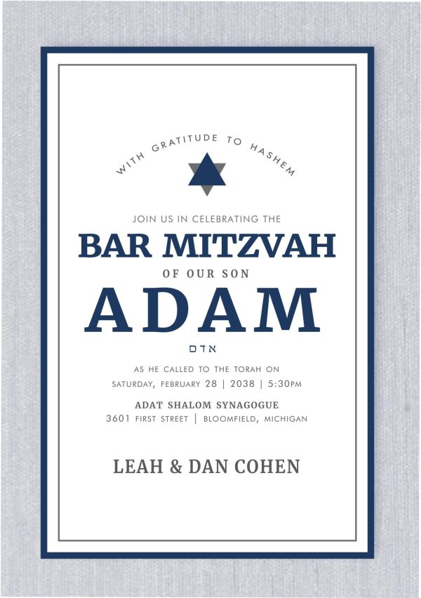 Elevate Your Bar Mitzvah: Outstanding Star of David Bar Mitzvah Invitations Announce your Bar Mitzvah with a touch of modern elegance using our Outstanding Star of David Invitations. These invitations are more than just a notice; they are a reflection of your style and the significance of this milestone. Charcoal and Navy Star of David: Our design showcases the timeless Magen David, the Jewish star, in charcoal and navy ink. This modern and elegant Star of David gracefully frames your Mitzvah details, symbolizing tradition and celebrating the future.