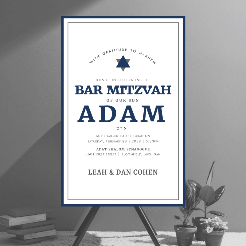 Elevate Your Bar Mitzvah: Outstanding Star of David Bar Mitzvah Invitations Announce your Bar Mitzvah with a touch of modern elegance using our Outstanding Star of David Invitations. These invitations are more than just a notice; they are a reflection of your style and the significance of this milestone. Charcoal and Navy Star of David: Our design showcases the timeless Magen David, the Jewish star, in charcoal and navy ink. This modern and elegant Star of David gracefully frames your Mitzvah details, symbolizing tradition and celebrating the future.