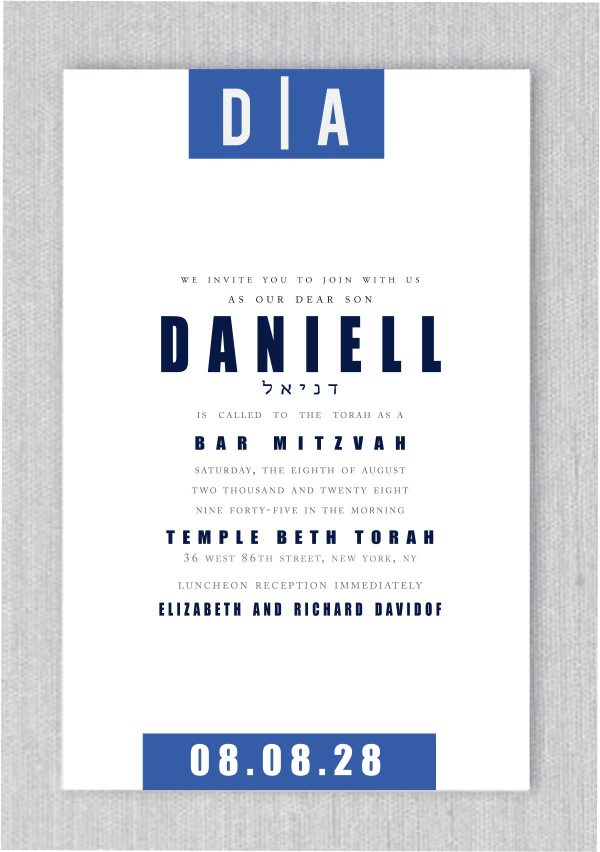 Trendy Mitzvah Bar Mitzvah Invitations, Charcoal, Lapis, and Navy ink. feature modern and elegant surrounding your Mitzvah details. Display your names in a modern and elegant type Guests will admire your elegant style.