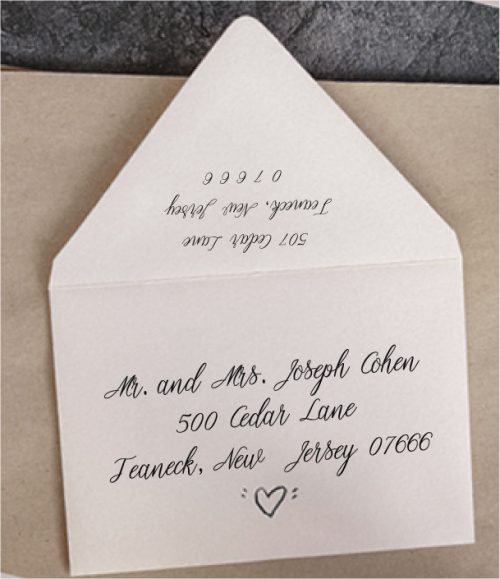 Save time by opting for calligraphy envelope guest addressing with your order, featuring guest addressing tailored to match your unique style. This ensures that upon receiving your invitations, they will be ready for mailing, complete with addresses professionally printed directly onto your envelopes. The font and color will seamlessly match your invitations, creating a cohesive theme, unless you specify changes to the color or fonts. Select your desired quantity, customize your envelope online, and complete your order. Email us your guest addressing list file, and we'll create a layout for your approval. Upon receiving the layout, carefully review it and make any necessary changes or corrections.