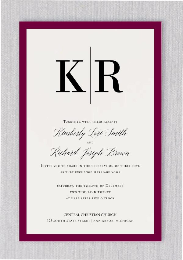 The cranberry wine-bordered card is a steadfast favorite in our collection. Here, we gave it the "cranberry wine tie" treatment, making it the perfect invitation suite for an elegant, contemporary affair. An oversized ampersand adds a touch of playfulness.