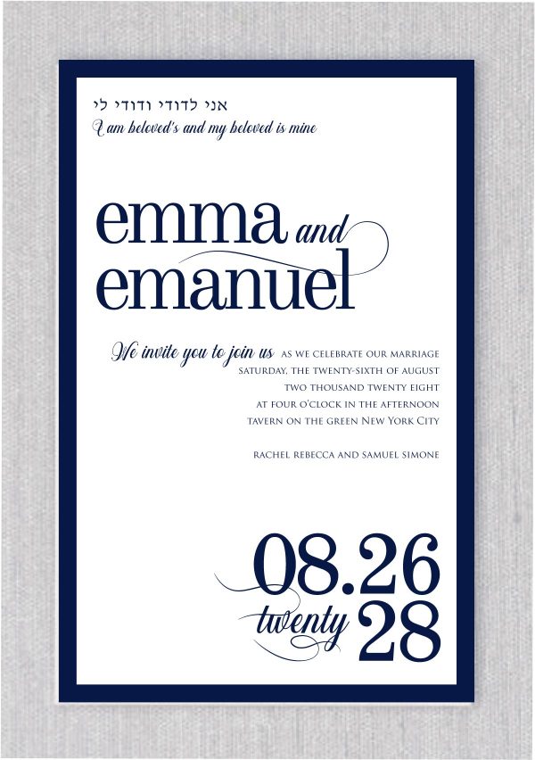 The navy bordered is a steadfast favorite in our Jewish wedding collection. Here, we gave it the "navy tie" treatment, making it the perfect invitation suite for an elegant, contemporary affair. A heading "I am my beloved and my beloved is mine" in Hebrew and English adds a touch of playfulness.